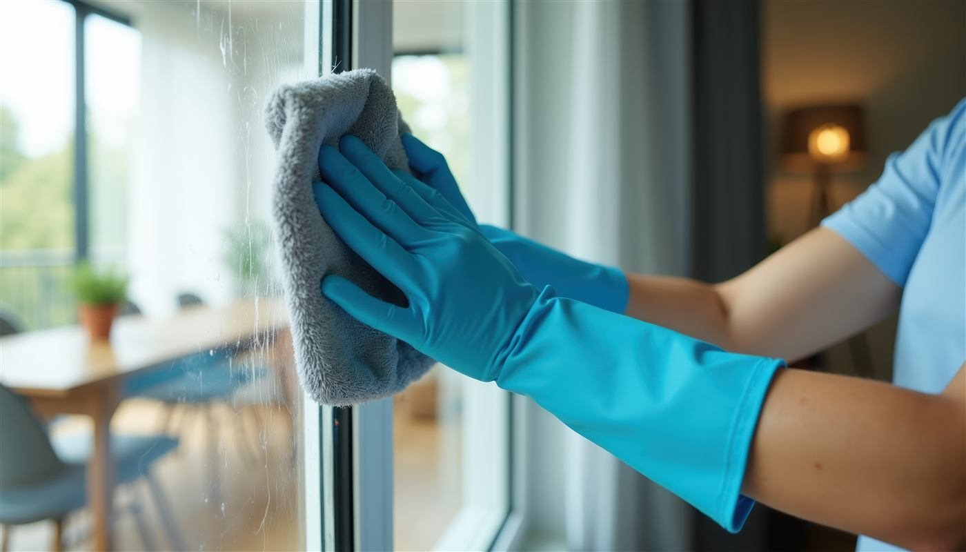 Gloved hand cleaning a window during a domestic clean in Airdrie